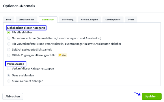 Einstellungen Ticketkategorien V Sichtbarkeit